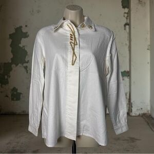 VTG City Girl Sport Elegant White Button Down Shirt Gold Embellishment Chic SZ 6
